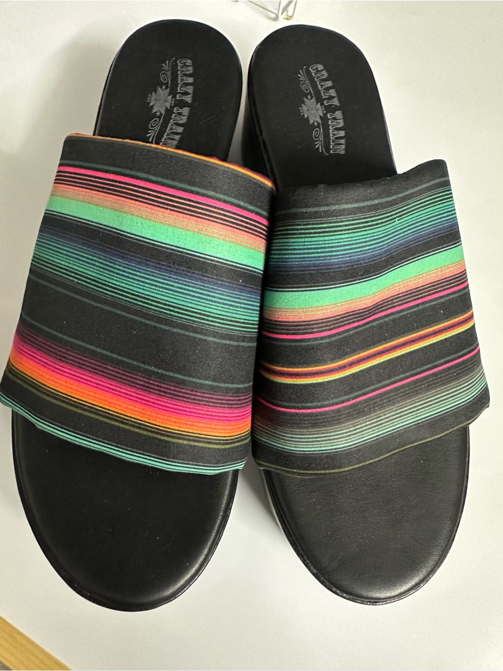 Crazy Train Black Slide Sandals with Multicolor Stripe Band